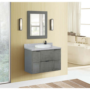 37" Single wall mount vanity in Linen Gray finish with Gray granite top and round sink - 400501-CAB-LY-GYRD