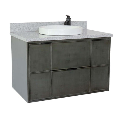 37" Single wall mount vanity in Linen Gray finish with Gray granite top and round sink - 400501-CAB-LY-GYRD