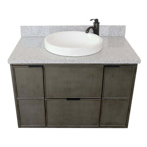 37" Single wall mount vanity in Linen Gray finish with Gray granite top and round sink - 400501-CAB-LY-GYRD