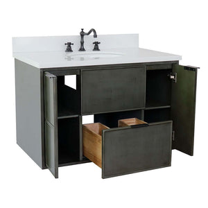37" Single wall mount vanity in Linen Gray finish with White Quartz top and oval sink - 400501-CAB-LY-WEO