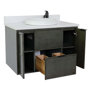 37" Single wall mount vanity in Linen Gray finish with White Quartz top and round sink - 400501-CAB-LY-WERD
