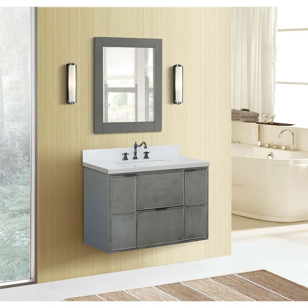 37" Single wall mount vanity in Linen Gray finish with White Quartz top and rectangle sink - 400501-CAB-LY-WER