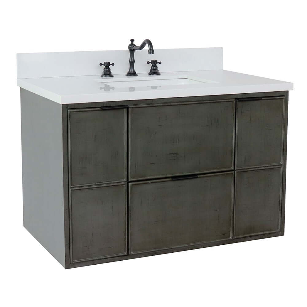 37" Single wall mount vanity in Linen Gray finish with White Quartz top and rectangle sink - 400501-CAB-LY-WER