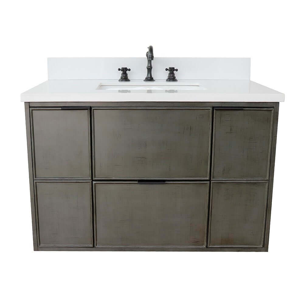 37" Single wall mount vanity in Linen Gray finish with White Quartz top and rectangle sink - 400501-CAB-LY-WER