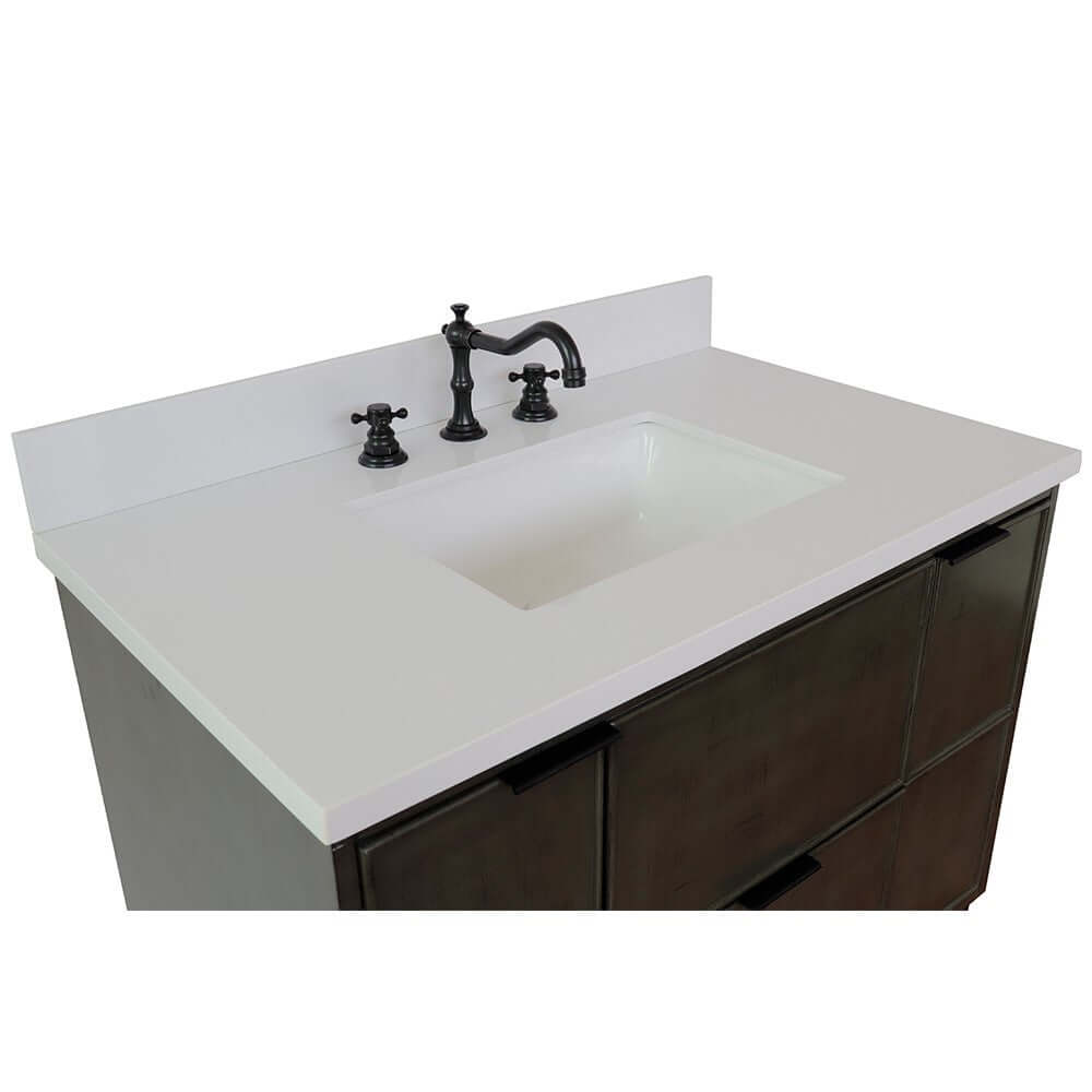 37" Single wall mount vanity in Linen Gray finish with White Quartz top and rectangle sink - 400501-CAB-LY-WER