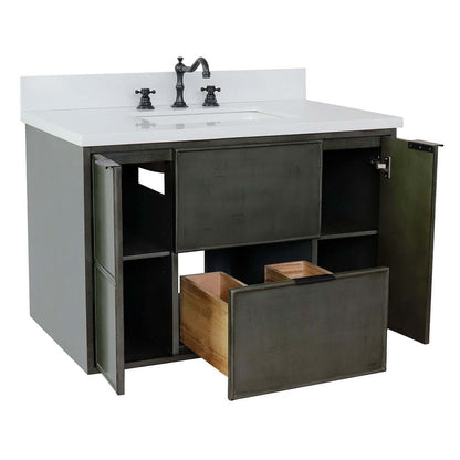 37" Single wall mount vanity in Linen Gray finish with White Quartz top and rectangle sink - 400501-CAB-LY-WER