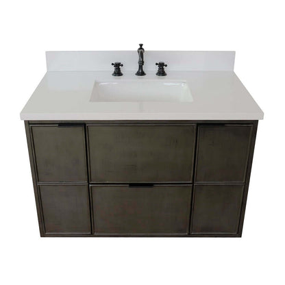 37" Single wall mount vanity in Linen Gray finish with White Quartz top and rectangle sink - 400501-CAB-LY-WER