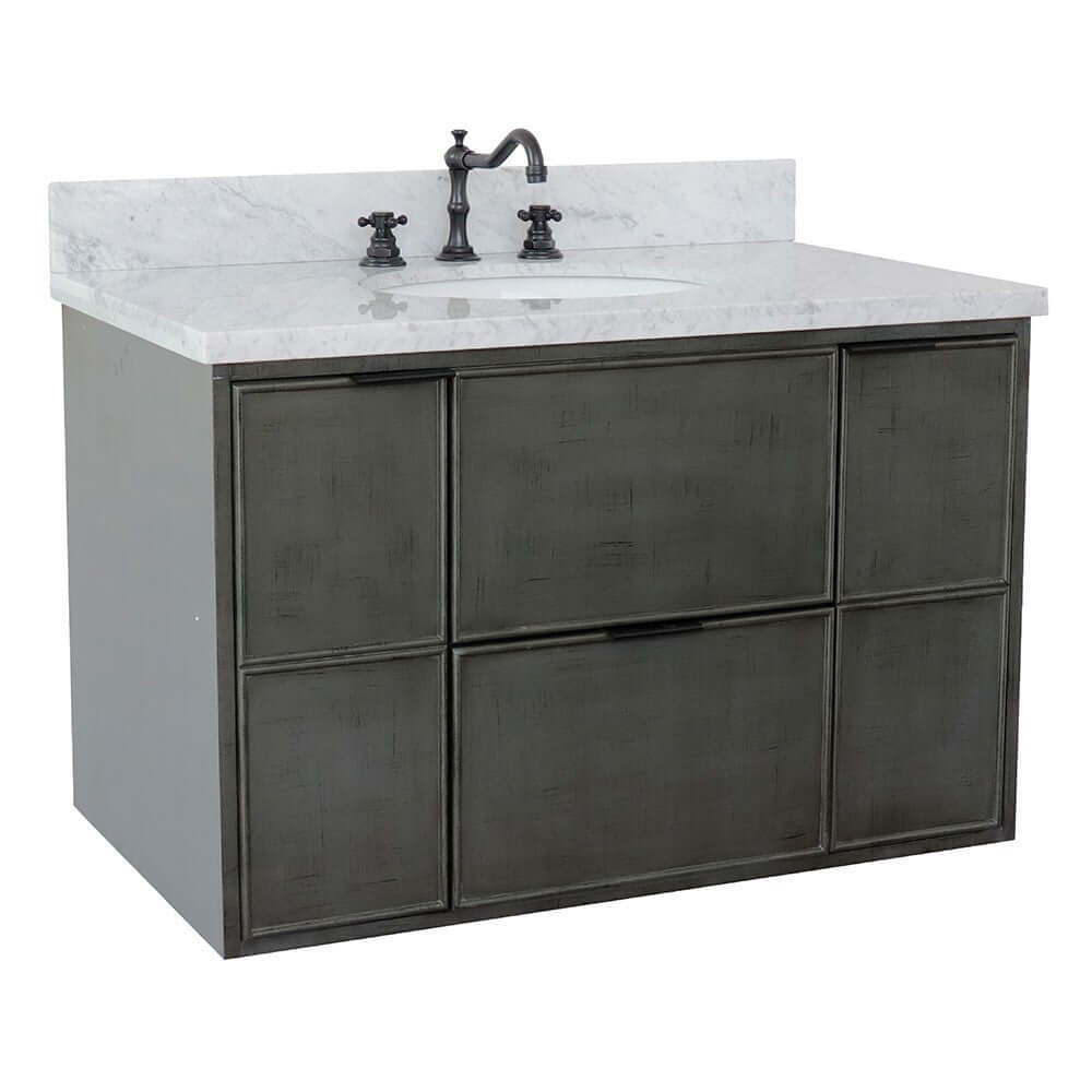 37" Single wall mount vanity in Linen Gray finish with White Carrara top and oval sink - 400501-CAB-LY-WMO