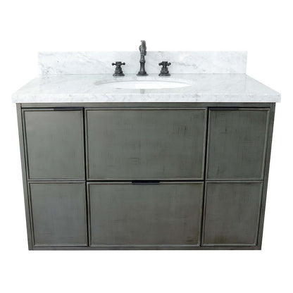 37" Single wall mount vanity in Linen Gray finish with White Carrara top and oval sink - 400501-CAB-LY-WMO