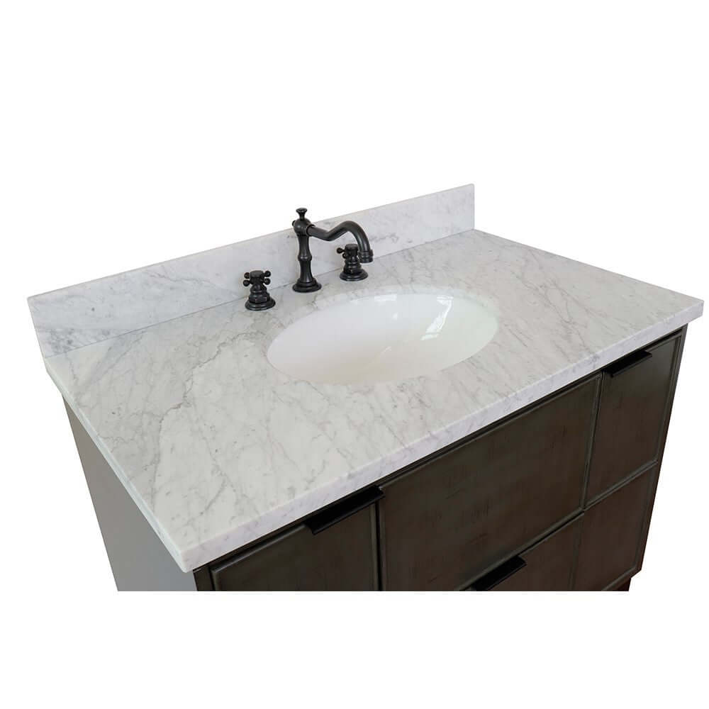 37" Single wall mount vanity in Linen Gray finish with White Carrara top and oval sink - 400501-CAB-LY-WMO