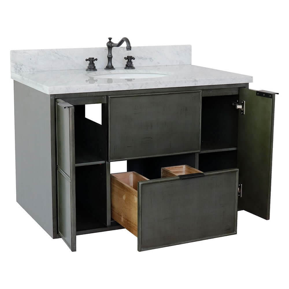 37" Single wall mount vanity in Linen Gray finish with White Carrara top and oval sink - 400501-CAB-LY-WMO