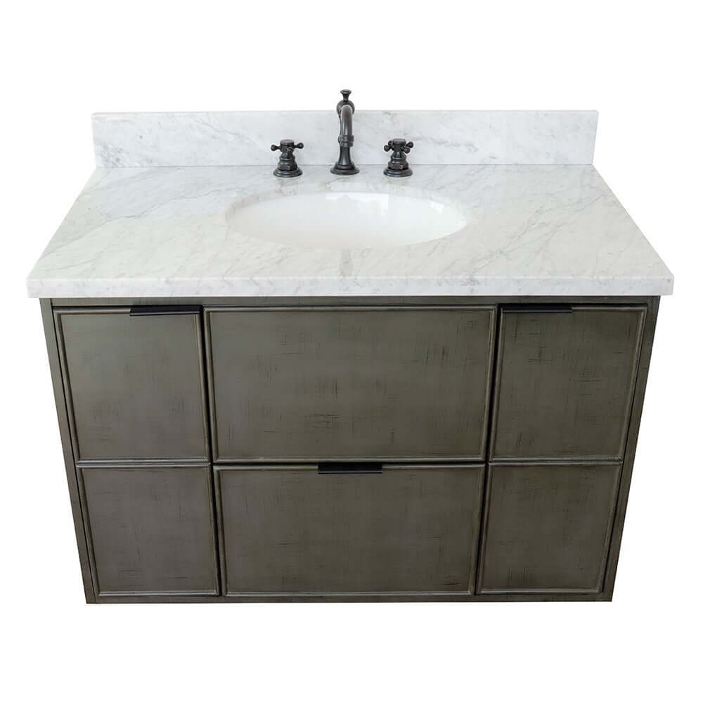 37" Single wall mount vanity in Linen Gray finish with White Carrara top and oval sink - 400501-CAB-LY-WMO