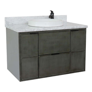 37" Single wall mount vanity in Linen Gray finish with White Carrara top and round sink - 400501-CAB-LY-WMRD