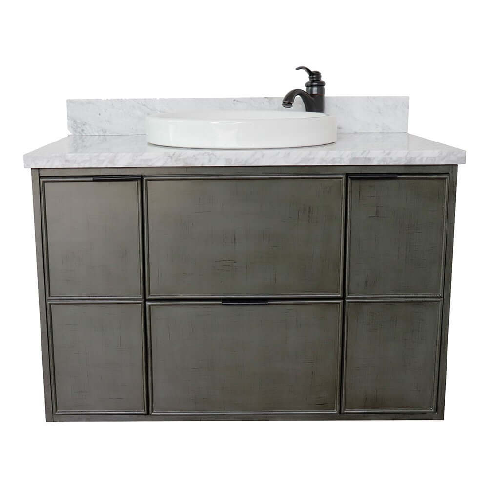 37" Single wall mount vanity in Linen Gray finish with White Carrara top and round sink - 400501-CAB-LY-WMRD