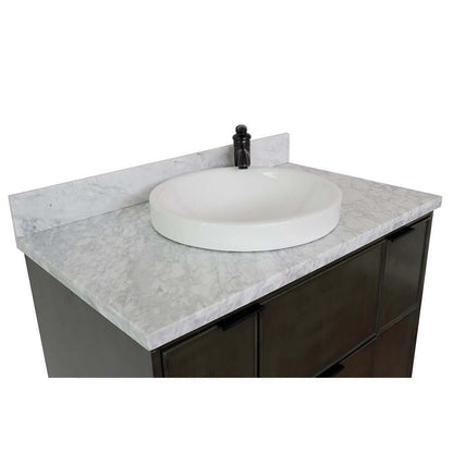 37" Single wall mount vanity in Linen Gray finish with White Carrara top and round sink - 400501-CAB-LY-WMRD