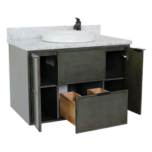 37" Single wall mount vanity in Linen Gray finish with White Carrara top and round sink - 400501-CAB-LY-WMRD