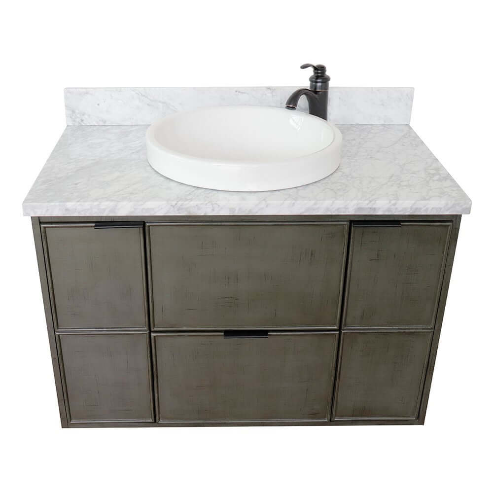 37" Single wall mount vanity in Linen Gray finish with White Carrara top and round sink - 400501-CAB-LY-WMRD