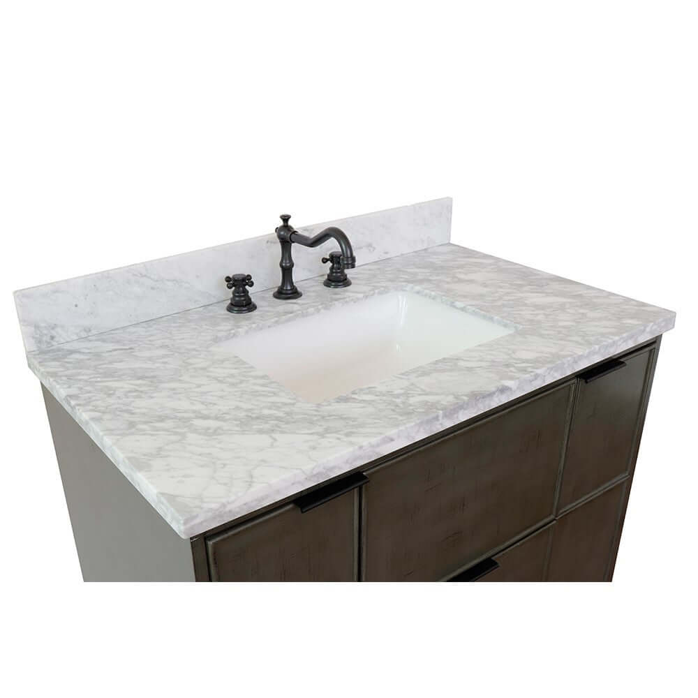 37" Single wall mount vanity in Linen Gray finish with White Carrara top and rectangle sink - 400501-CAB-LY-WMR