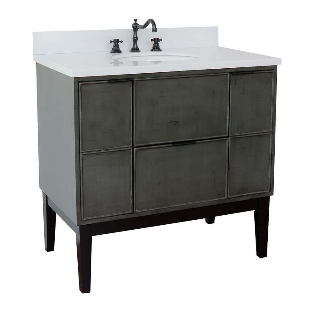 37" Single vanity in Linen Gray finish with White Quartz top and oval sink - 400501-LY-WEO