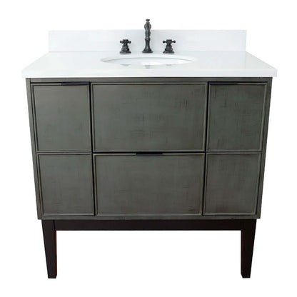 37" Single vanity in Linen Gray finish with White Quartz top and oval sink - 400501-LY-WEO