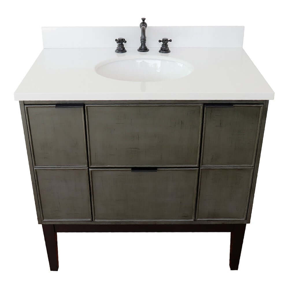 37" Single vanity in Linen Gray finish with White Quartz top and oval sink - 400501-LY-WEO