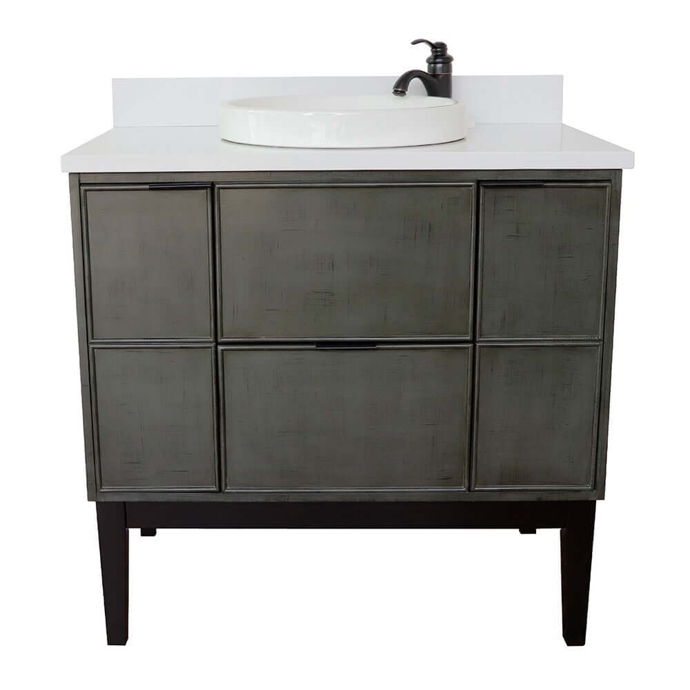 37" Single vanity in Linen Gray finish with White Quartz top and round sink - 400501-LY-WERD