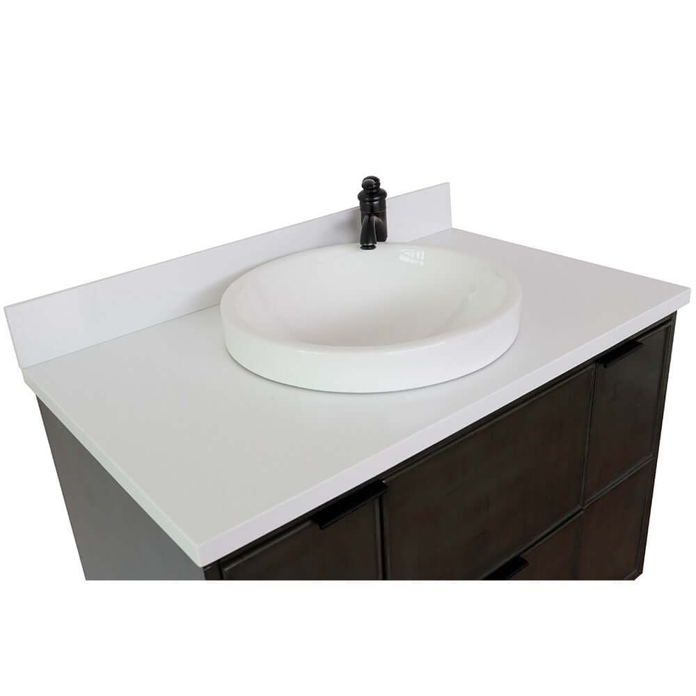 37" Single vanity in Linen Gray finish with White Quartz top and round sink - 400501-LY-WERD