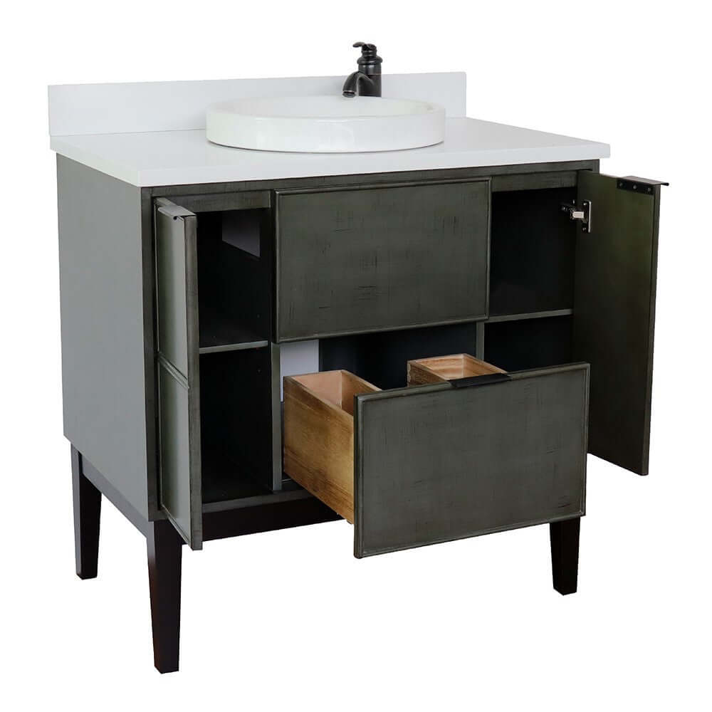 37" Single vanity in Linen Gray finish with White Quartz top and round sink - 400501-LY-WERD