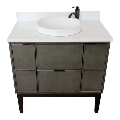 37" Single vanity in Linen Gray finish with White Quartz top and round sink - 400501-LY-WERD