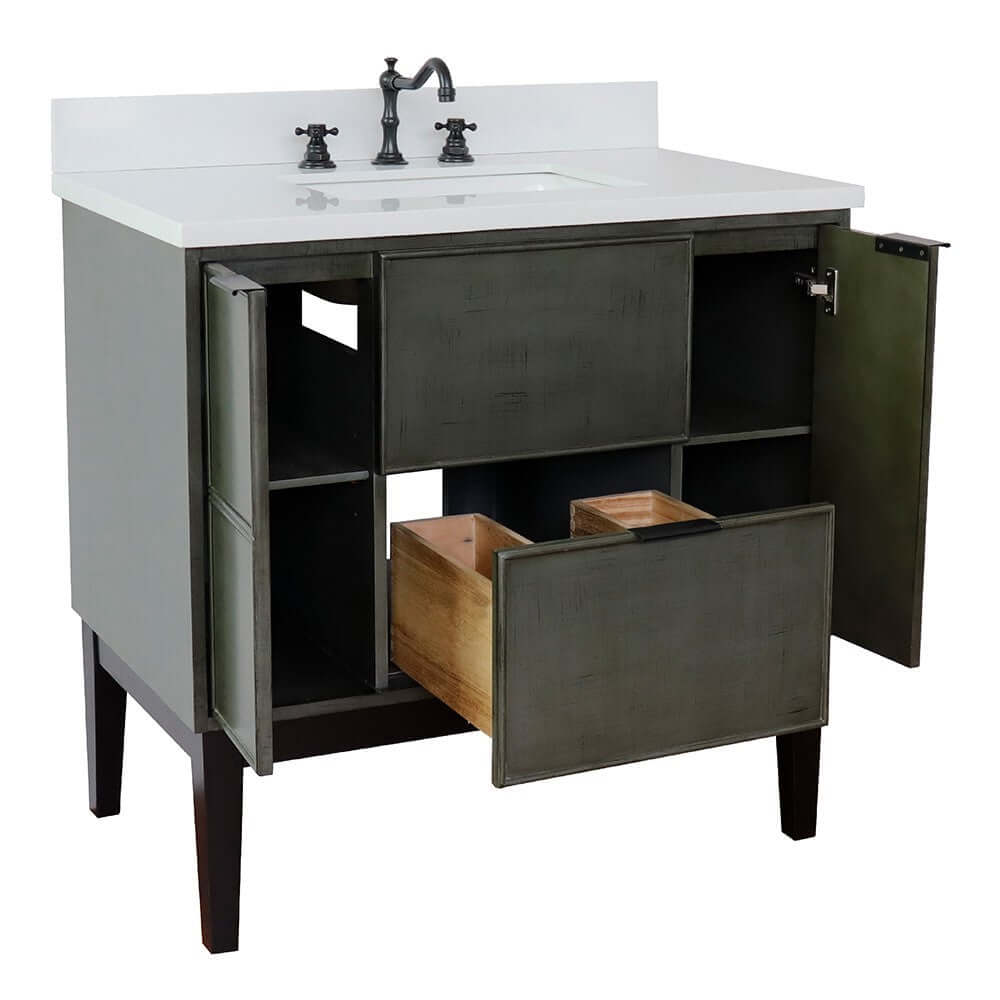 37" Single vanity in Linen Gray finish with White Quartz top and rectangle sink - 400501-LY-WER