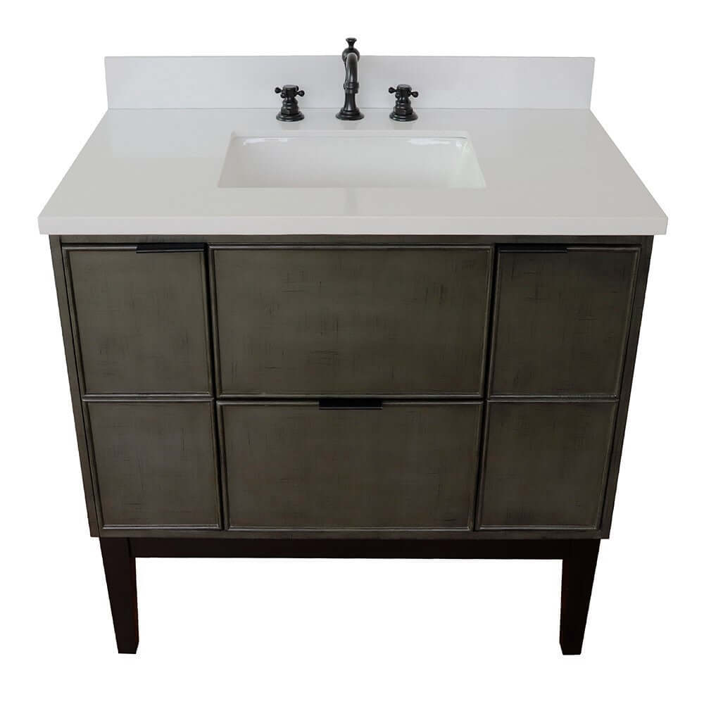 37" Single vanity in Linen Gray finish with White Quartz top and rectangle sink - 400501-LY-WER