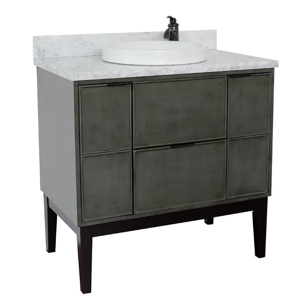 37" Single vanity in Linen Gray finish with White Carrara top and round sink - 400501-LY-WMRD