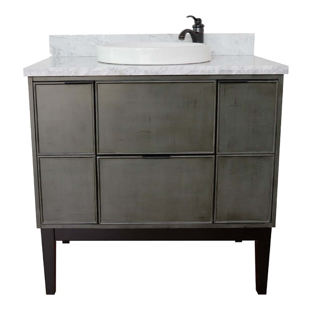 37" Single vanity in Linen Gray finish with White Carrara top and round sink - 400501-LY-WMRD