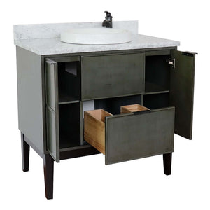 37" Single vanity in Linen Gray finish with White Carrara top and round sink - 400501-LY-WMRD