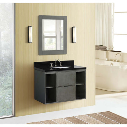 37" Single wall mount vanity in Linen Gray finish with Black Galaxy top and oval sink - 400502-CAB-LY-BGO