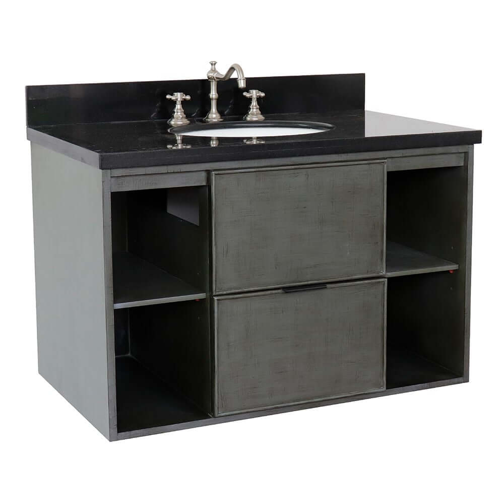 37" Single wall mount vanity in Linen Gray finish with Black Galaxy top and oval sink - 400502-CAB-LY-BGO