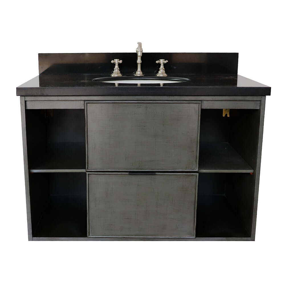 37" Single wall mount vanity in Linen Gray finish with Black Galaxy top and oval sink - 400502-CAB-LY-BGO