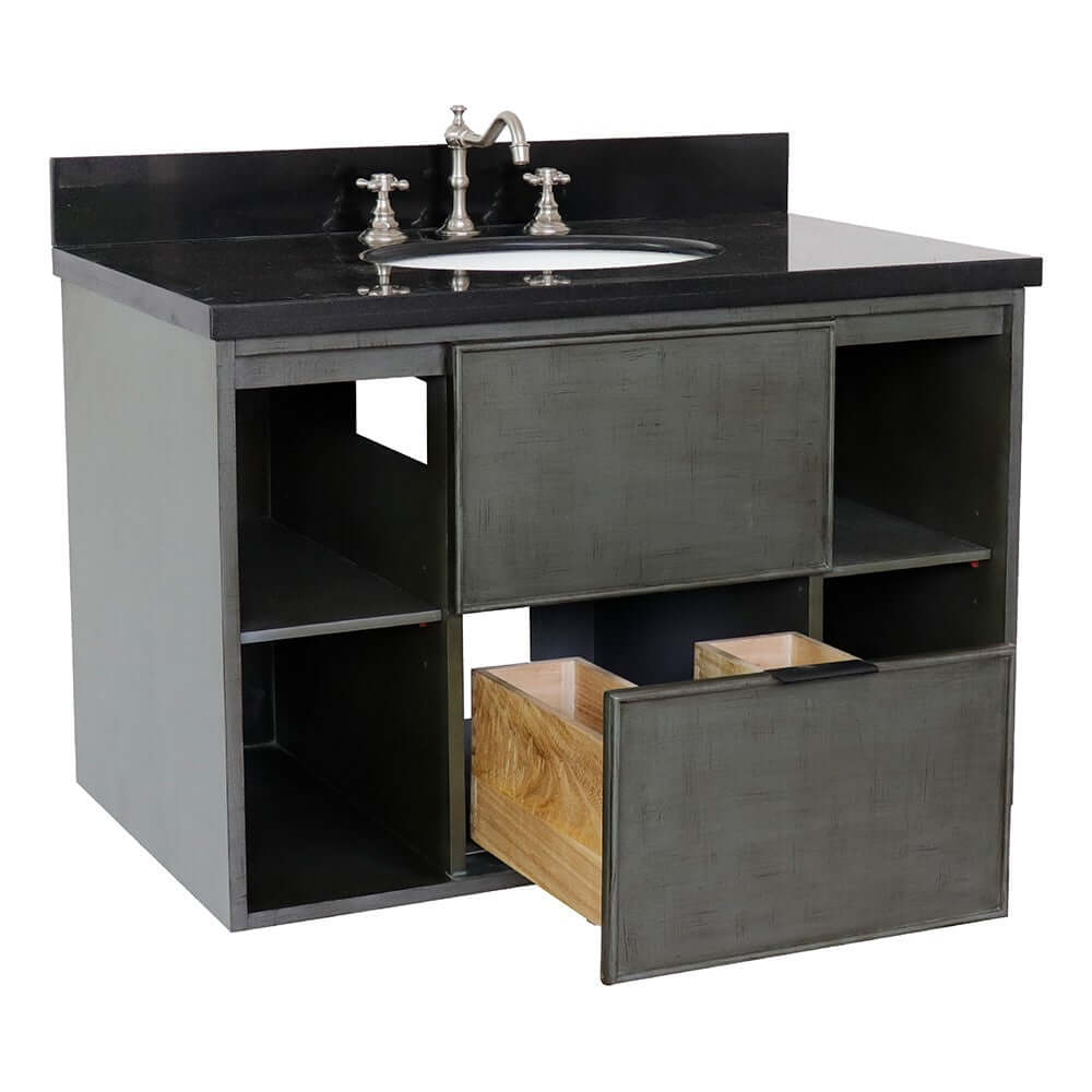 37" Single wall mount vanity in Linen Gray finish with Black Galaxy top and oval sink - 400502-CAB-LY-BGO