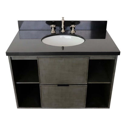 37" Single wall mount vanity in Linen Gray finish with Black Galaxy top and oval sink - 400502-CAB-LY-BGO