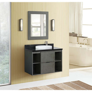 37" Single wall mount vanity in Linen Gray finish with Black Galaxy top and round sink - 400502-CAB-LY-BGRD