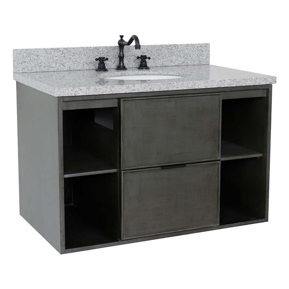 37" Single wall mount vanity in Linen Gray finish with Gray granite top and oval sink - 400502-CAB-LY-GYO