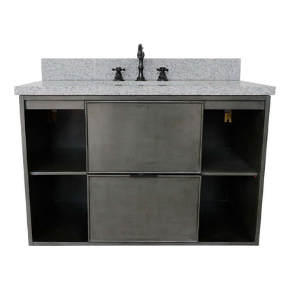 37" Single wall mount vanity in Linen Gray finish with Gray granite top and oval sink - 400502-CAB-LY-GYO