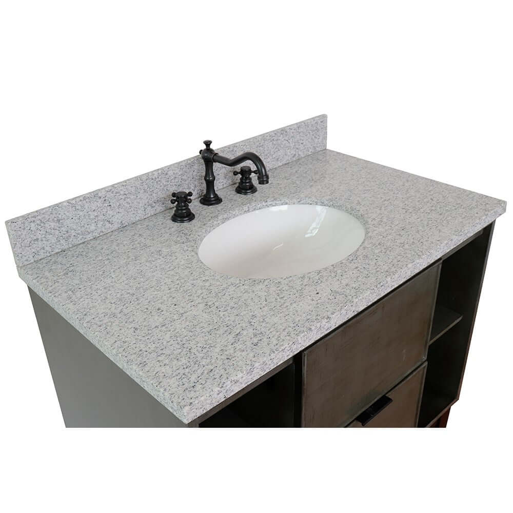 37" Single wall mount vanity in Linen Gray finish with Gray granite top and oval sink - 400502-CAB-LY-GYO