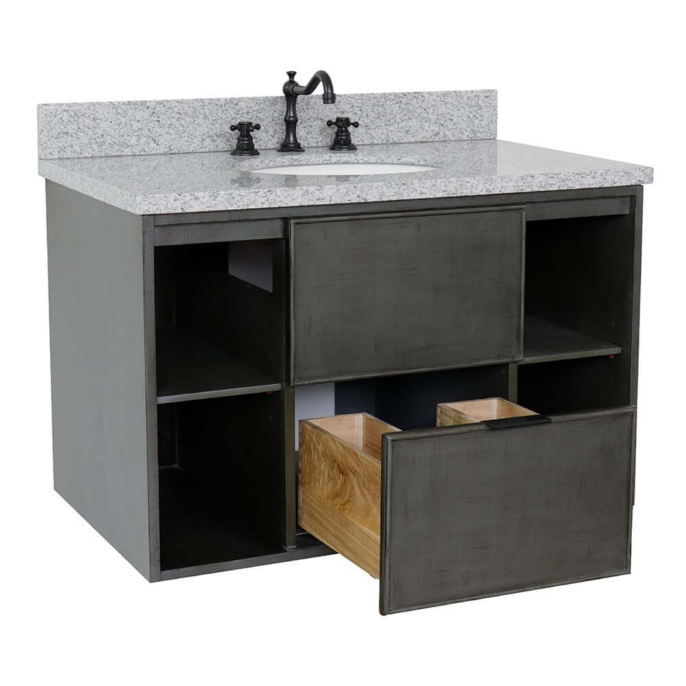 37" Single wall mount vanity in Linen Gray finish with Gray granite top and oval sink - 400502-CAB-LY-GYO