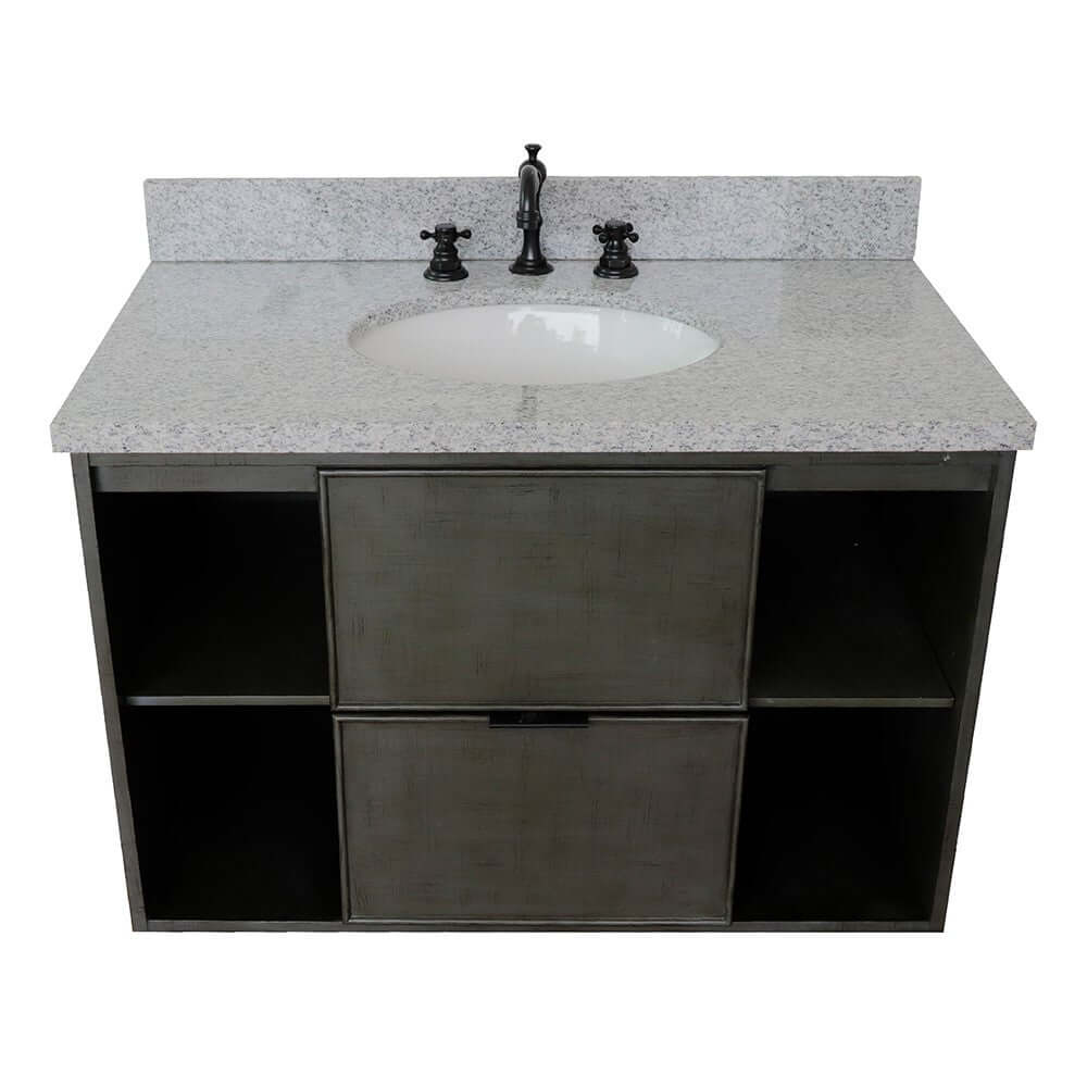 37" Single wall mount vanity in Linen Gray finish with Gray granite top and oval sink - 400502-CAB-LY-GYO