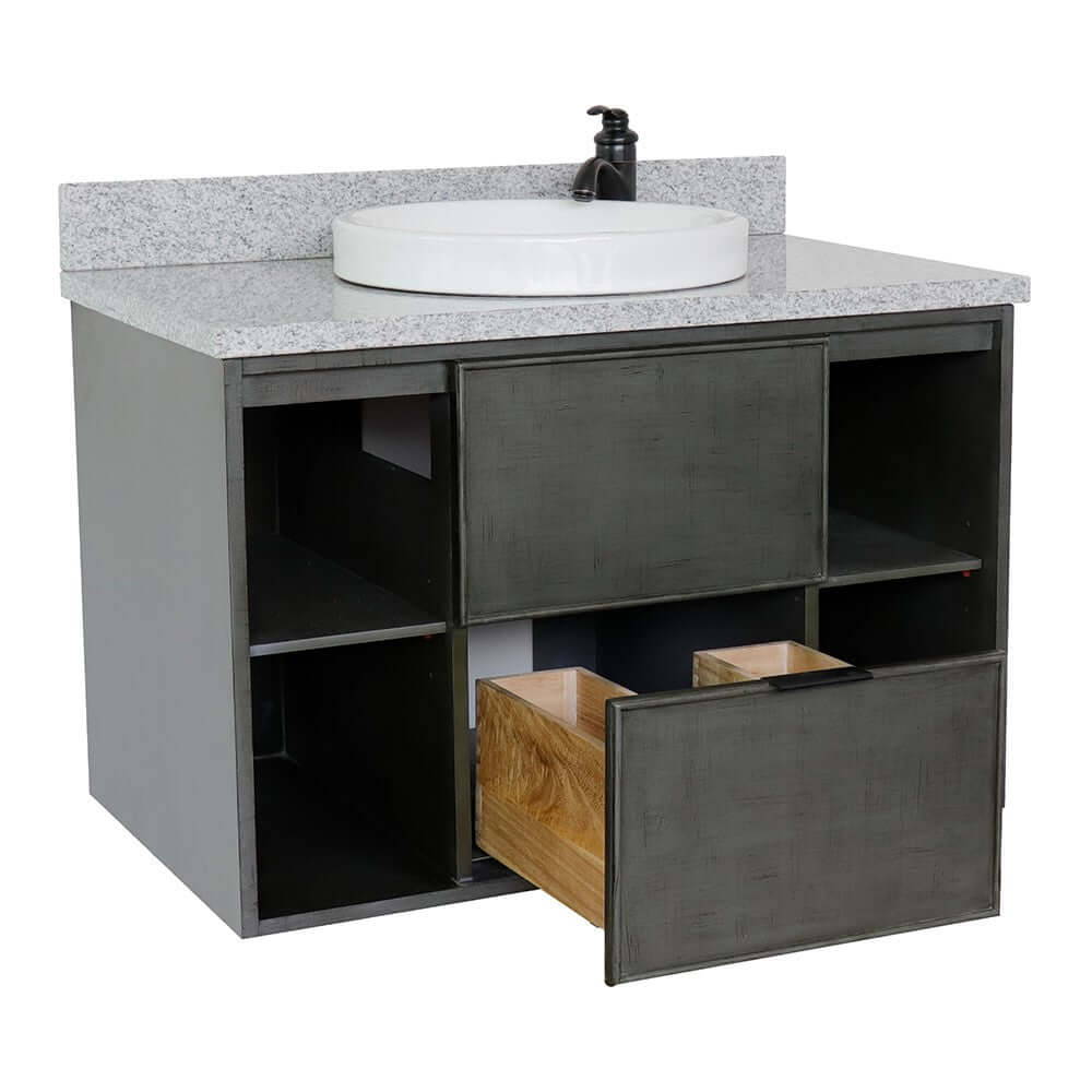 37" Single wall mount vanity in Linen Gray finish with Gray granite top and round sink - 400502-CAB-LY-GYRD