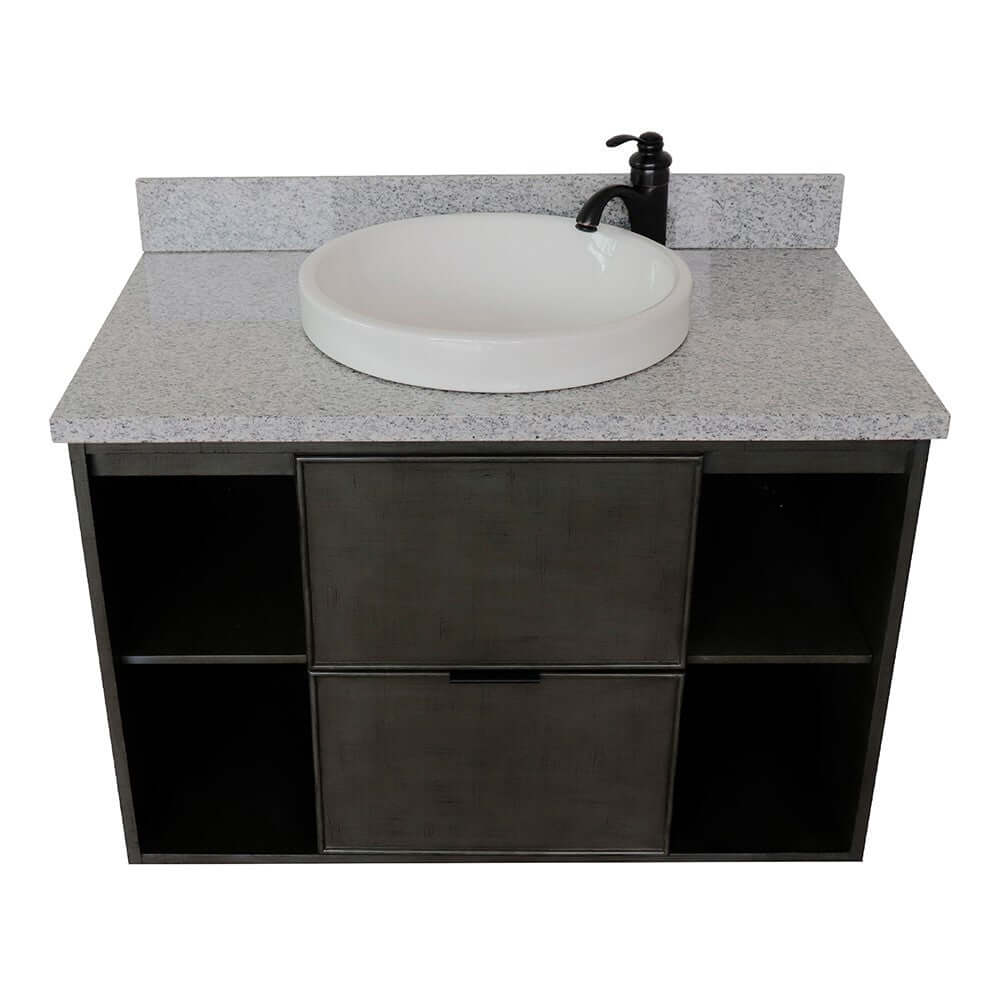 37" Single wall mount vanity in Linen Gray finish with Gray granite top and round sink - 400502-CAB-LY-GYRD