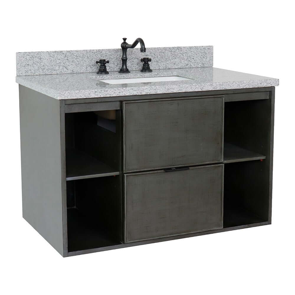 37" Single wall mount vanity in Linen Gray finish with Gray granite top and rectangle sink - 400502-CAB-LY-GYR