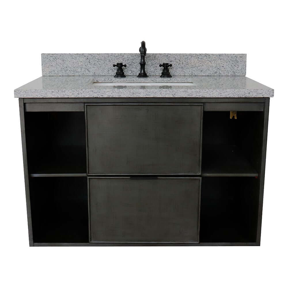 37" Single wall mount vanity in Linen Gray finish with Gray granite top and rectangle sink - 400502-CAB-LY-GYR