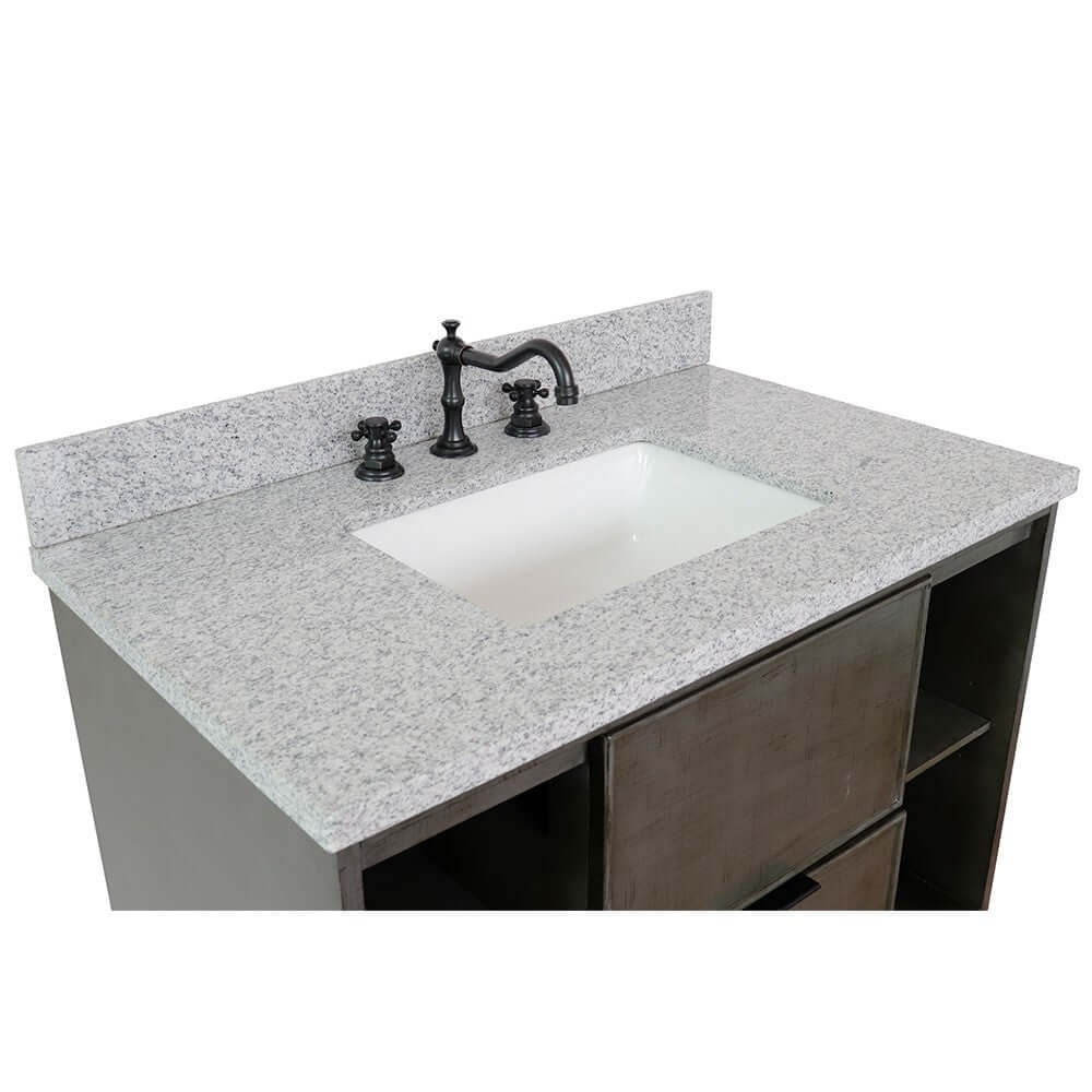 37" Single wall mount vanity in Linen Gray finish with Gray granite top and rectangle sink - 400502-CAB-LY-GYR